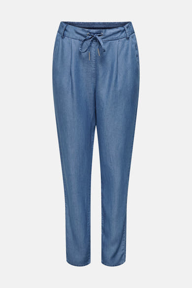 Pantalon coloré bleu denim by ONLY, avec cordon de serrage à la taille et coupe fuselée.