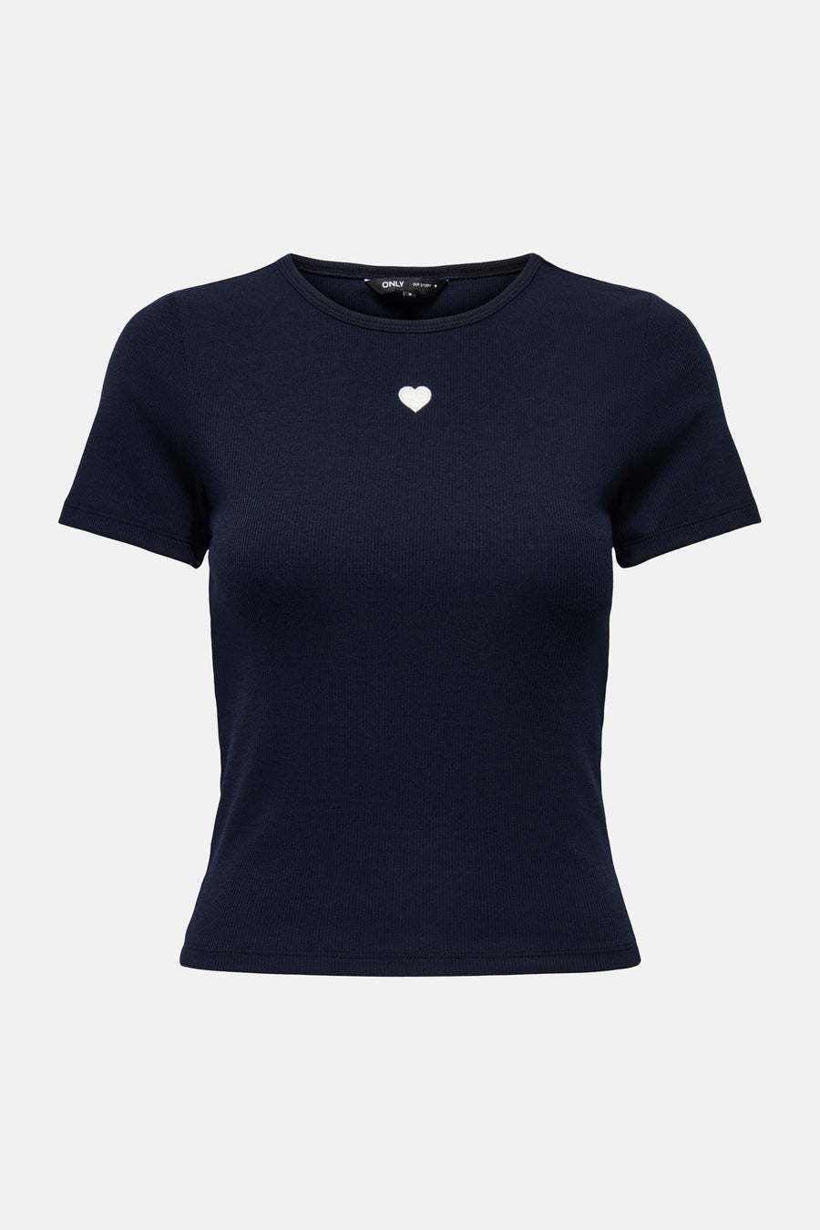T-shirt bleu à manches courtes de ONLY, en maille côtelée avec un petit cœur blanc.