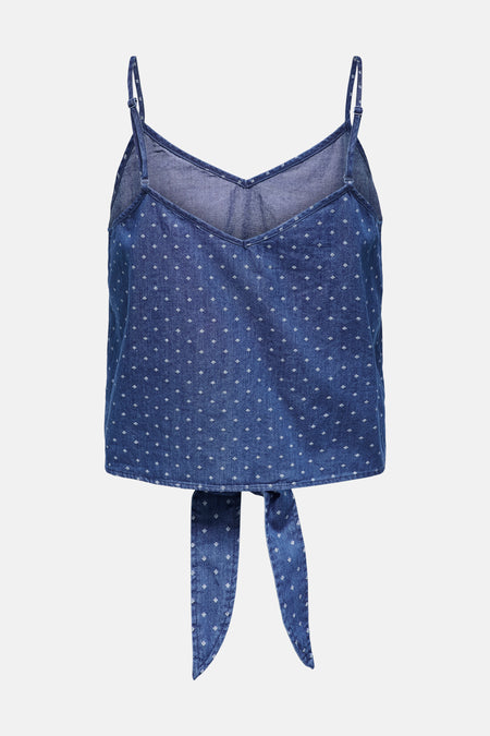 Blouse sans manches en denim bleu moyen par ONLY, à motif losanges et liens à nouer.