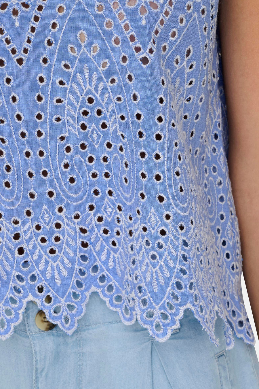 Blouse bleue ONLY® avec broderie anglaise décorative et festons ajourés.