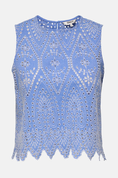 Blouse bleue sans manches de ONLY, avec broderie anglaise florale et motif ajouré.