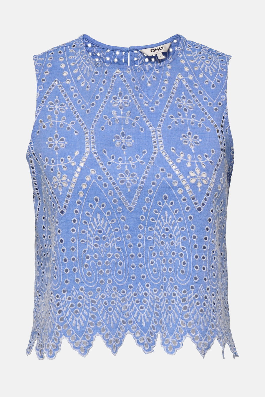Blouse bleue sans manches de ONLY, avec broderie anglaise florale et motif ajouré.