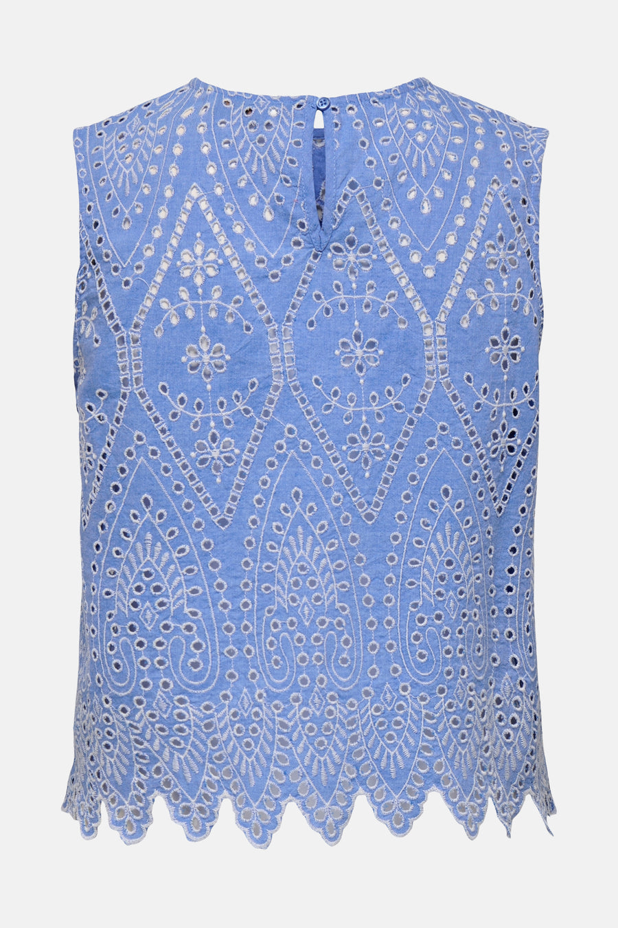 Blouse bleue sans manches de ONLY®, ornée de broderies anglaises et d'un motif ajouré.