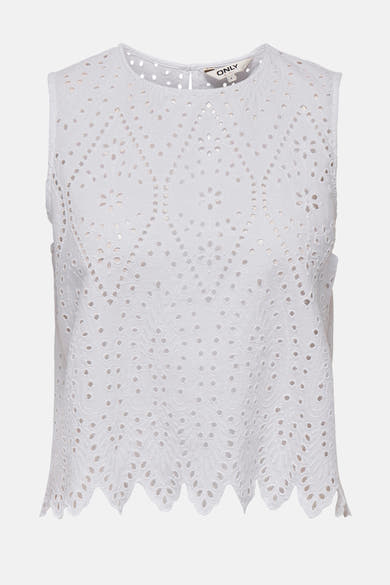 Chemisier blanc en broderie anglaise de ONLY, avec motifs ajourés floraux et ourlet festonné.
