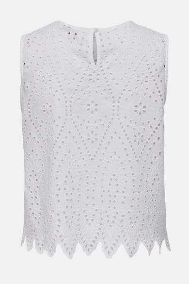 Blouse blanche sans manches de ONLY, en broderie anglaise avec motif ajouré, vue de dos.