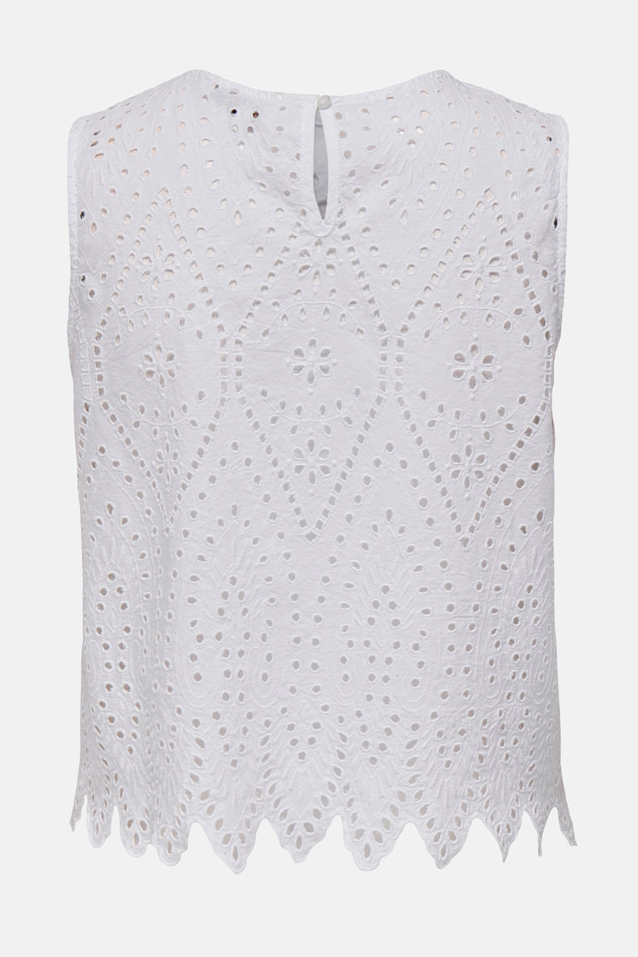Blouse blanche sans manches de ONLY, en broderie anglaise avec motif ajouré, vue de dos.