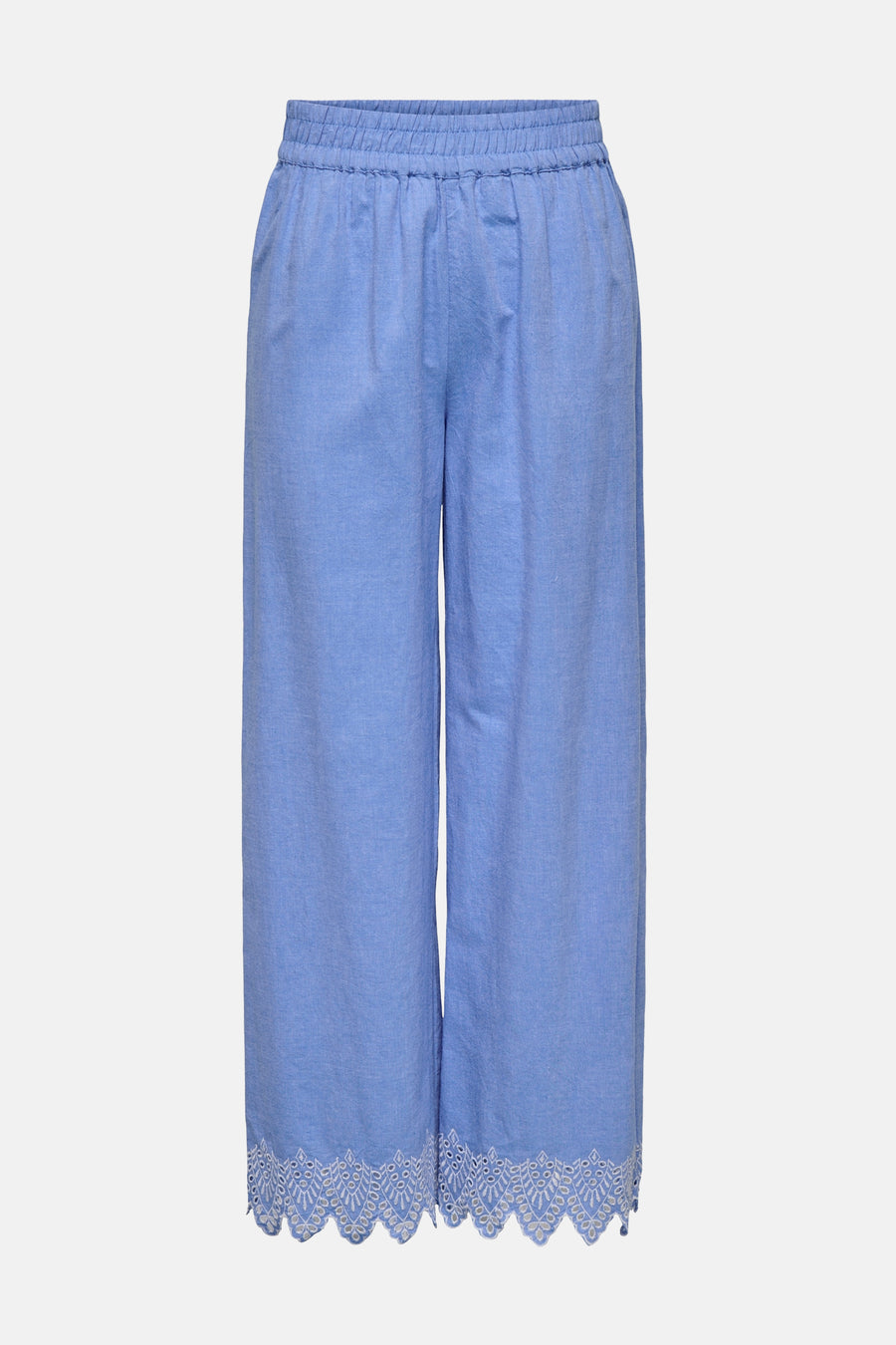 Blauwe broek van ONLY met elastische tailleband en witte kanten bies.