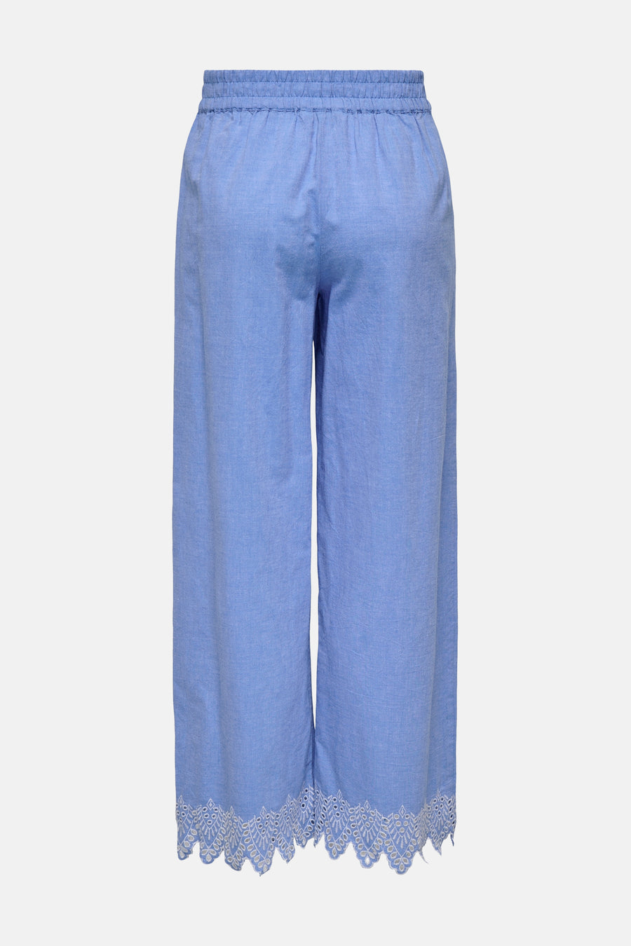 Blauwe broek van ONLY, met elastische tailleband en witte kanten bies.