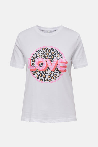 Wit T-shirt met korte mouwen van ONLY, met een roze luipaardprint en de tekst "LOVE".