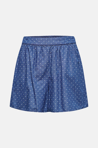Korte spijkerbroek in middinblauw van ONLY, met wit ruitpatroon.