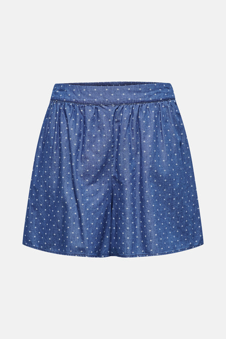 Korte spijkerbroek in middinblauw van ONLY, met wit ruitpatroon.