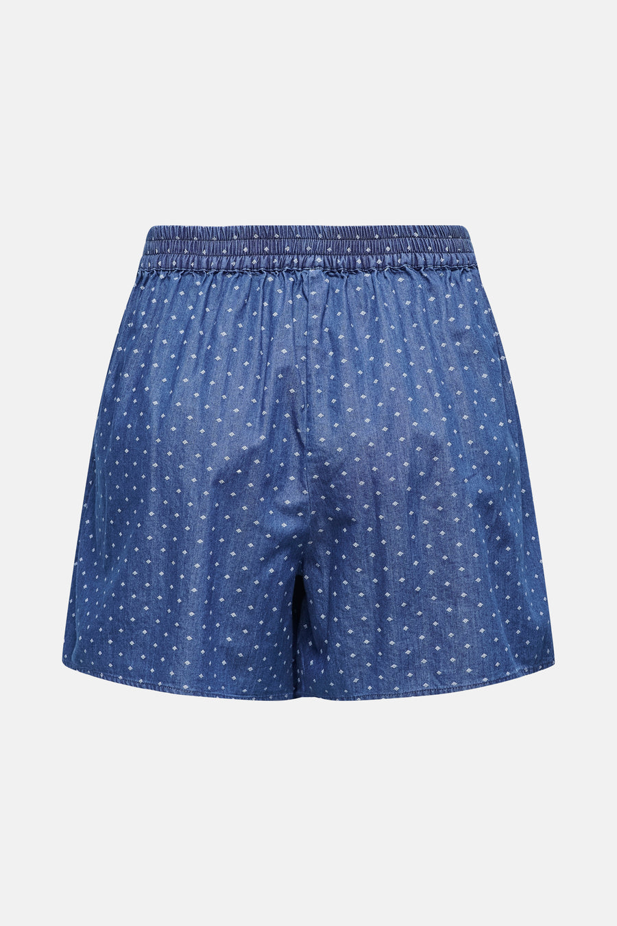 Korte spijkerbroek in middinblauw van ONLY, met wit ruitpatroon en elastische tailleband.