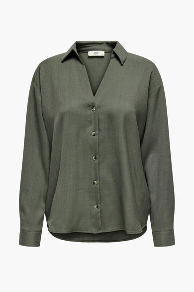 Chemisier à manches longues gris de JDY, avec patte de boutonnage et ourlet arrondi.