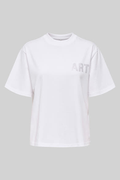 Wit T-shirt met korte mouwen van ONLY, versierd met het woord "ART" in strass op de voorkant.
