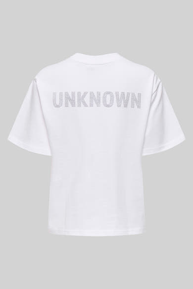 Wit T-shirt met korte mouwen van ONLY, versierd met het woord "UNKNOWN" in strass op de rug.