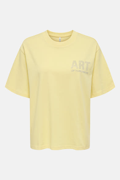 Gele T-shirt met korte mouwen van ONLY, versierd met een "ART OF TOMORROW" motief in zilveren strass-steentjes.