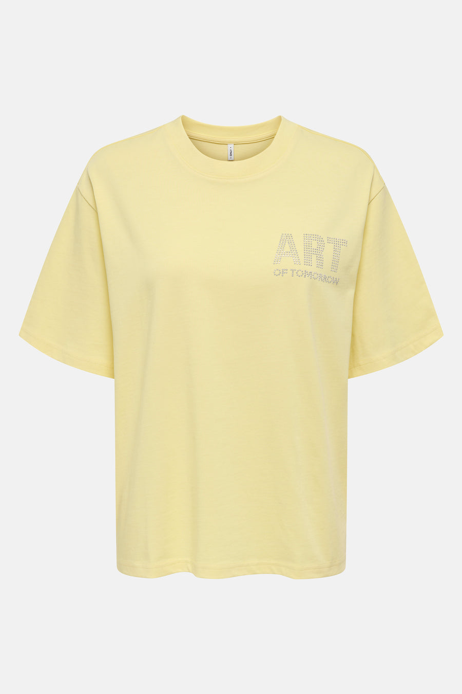 Gele T-shirt met korte mouwen van ONLY, versierd met een "ART OF TOMORROW" motief in zilveren strass-steentjes.