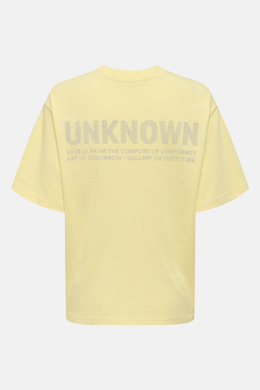 Gele T-shirt met korte mouwen van ONLY, met de tekst "UNKNOWN" in strass op de rug.