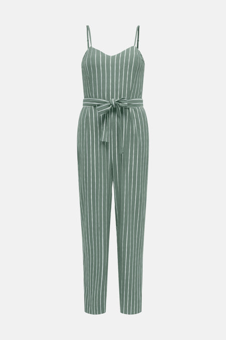 Groen gestreept jumpsuit met verticale strepen van ONLY®, dunne bandjes, bijpassende riem en taps toelopende pasvorm.