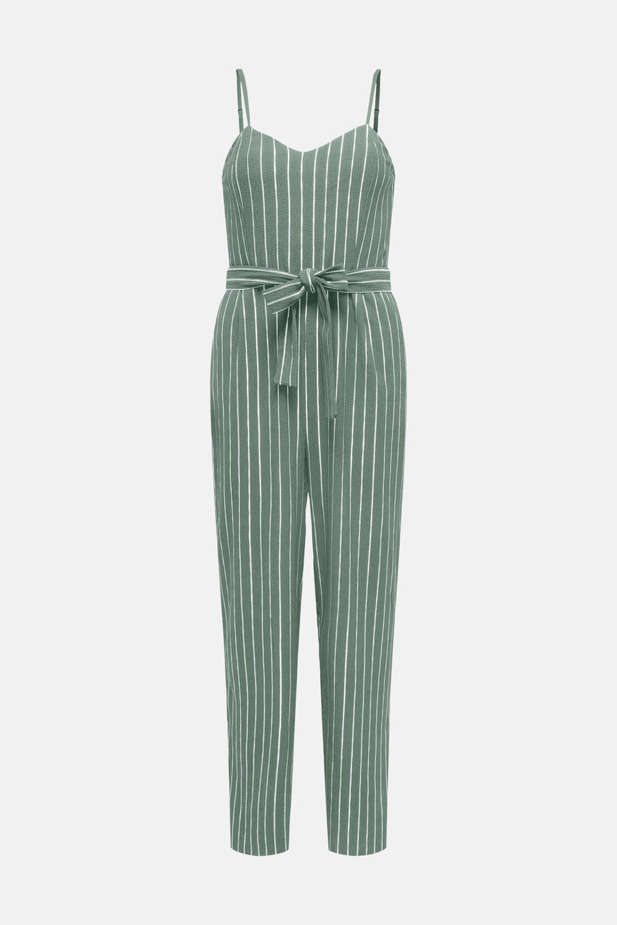 Combinaison verte rayée de ONLY®, avec une ceinture nouée à la taille.
