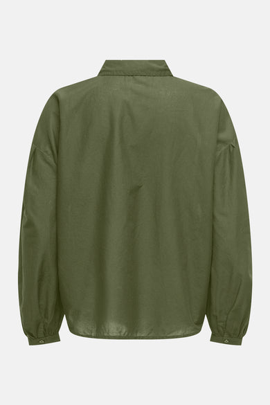 Chemise kaki à manches longues de ONLY, vue de dos, avec une texture subtile et des poignets boutonnés.
