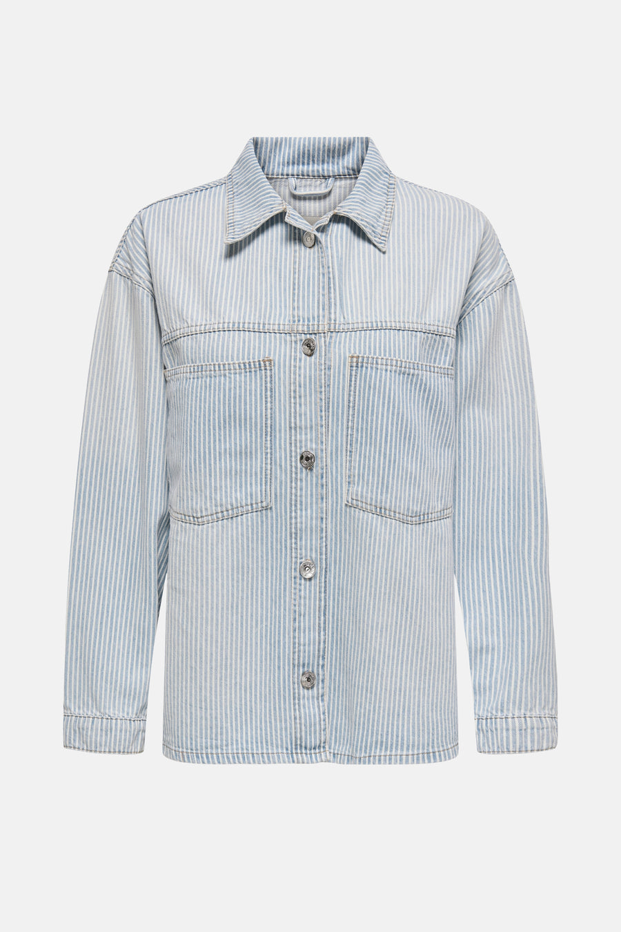Lichtblauwe spijkerblouse van ONLY, met verticale strepen en een knoopsluiting.