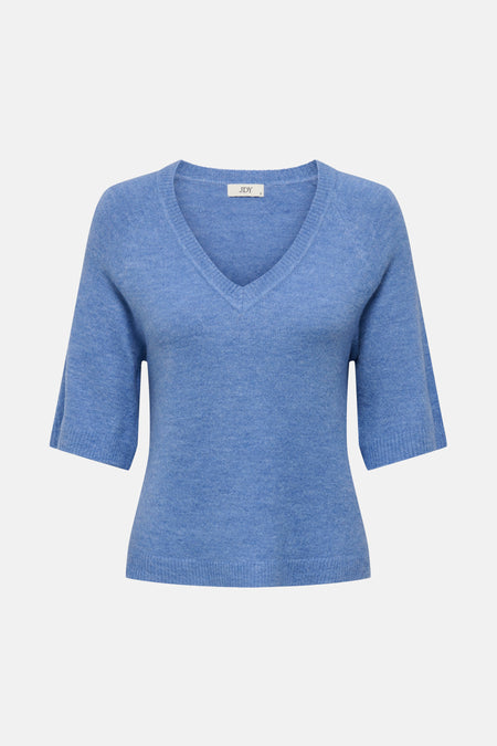 Ronde hals trui van JDY in blauw, met een getextureerde gebreide stof, korte mouwen en een aansluitende pasvorm.