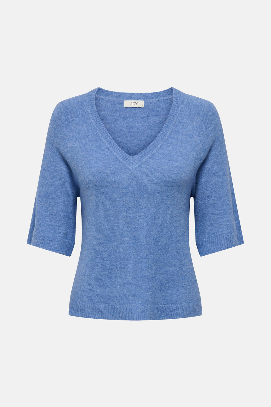 Ronde hals trui van JDY in blauw, met een getextureerde gebreide stof, korte mouwen en een aansluitende pasvorm.