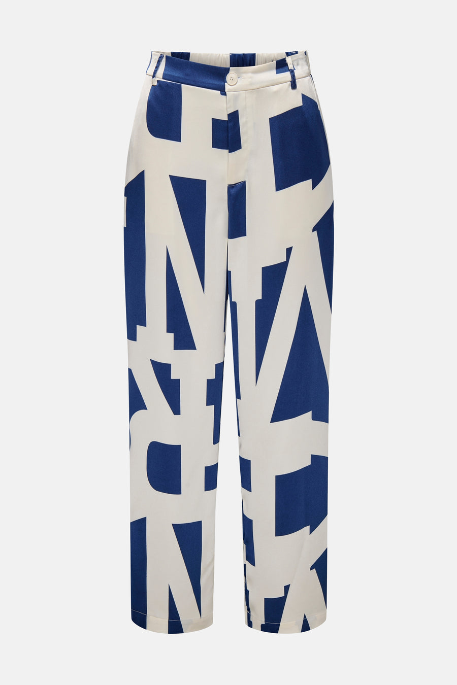 Gekleurde blauwe broek van ONLY®, met blauw-wit grafisch patroon, relaxte pasvorm.