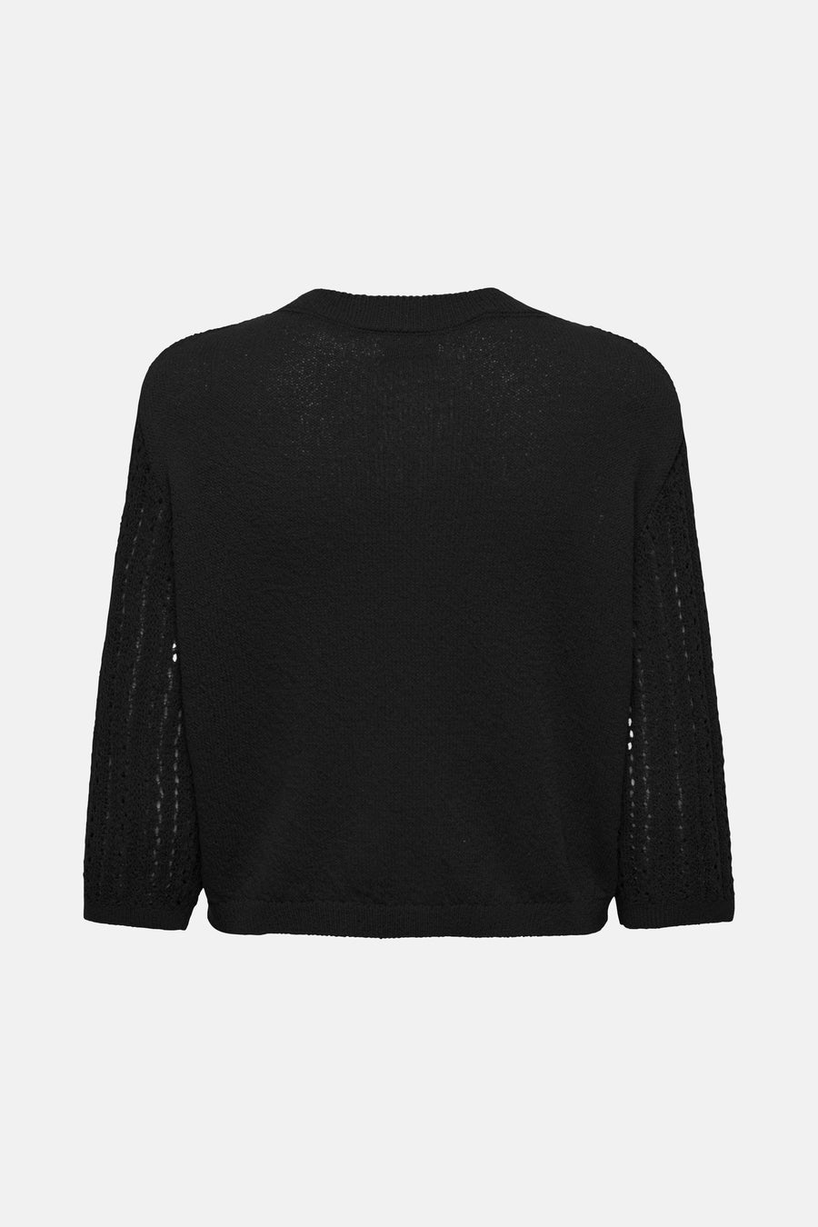 Cardigan noir de JDY, avec manches trois-quarts ajourées, sur fond neutre.