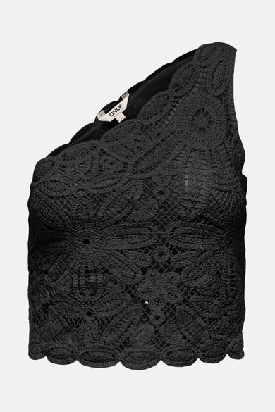T-shirt noir asymétrique de ONLY, en dentelle florale délicate avec bordure festonnée.