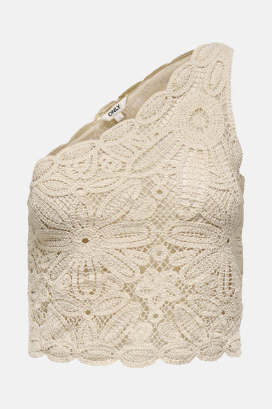 T-shirt écru de ONLY avec motif en crochet fleuri et coupe asymétrique.