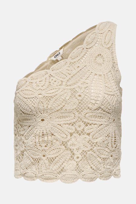 T-shirt écru de ONLY avec motif en crochet fleuri et coupe asymétrique.