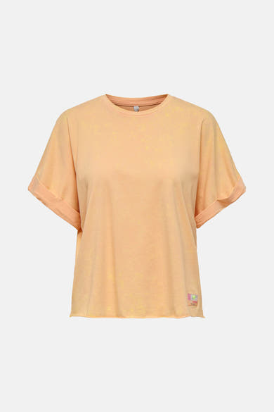 Oranje T-shirt met korte mouwen van ONLY, relaxte pasvorm met rafelzoom en vintage label.