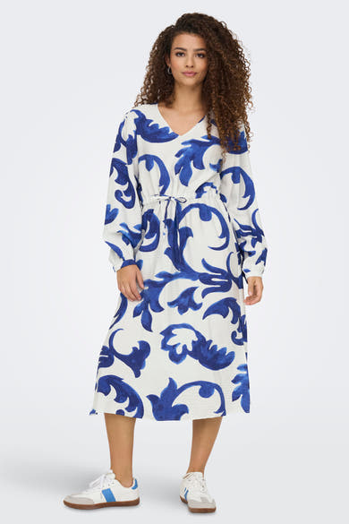 Lange blauwe jurk met patroon, van JDY, met lange mouwen en trekkoord in de taille.
