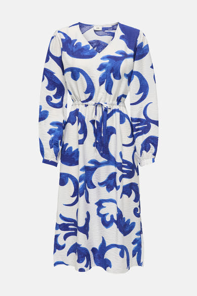 Blauwe jurk met lange mouwen van JDY, met bloemenprint en strikceintuur.