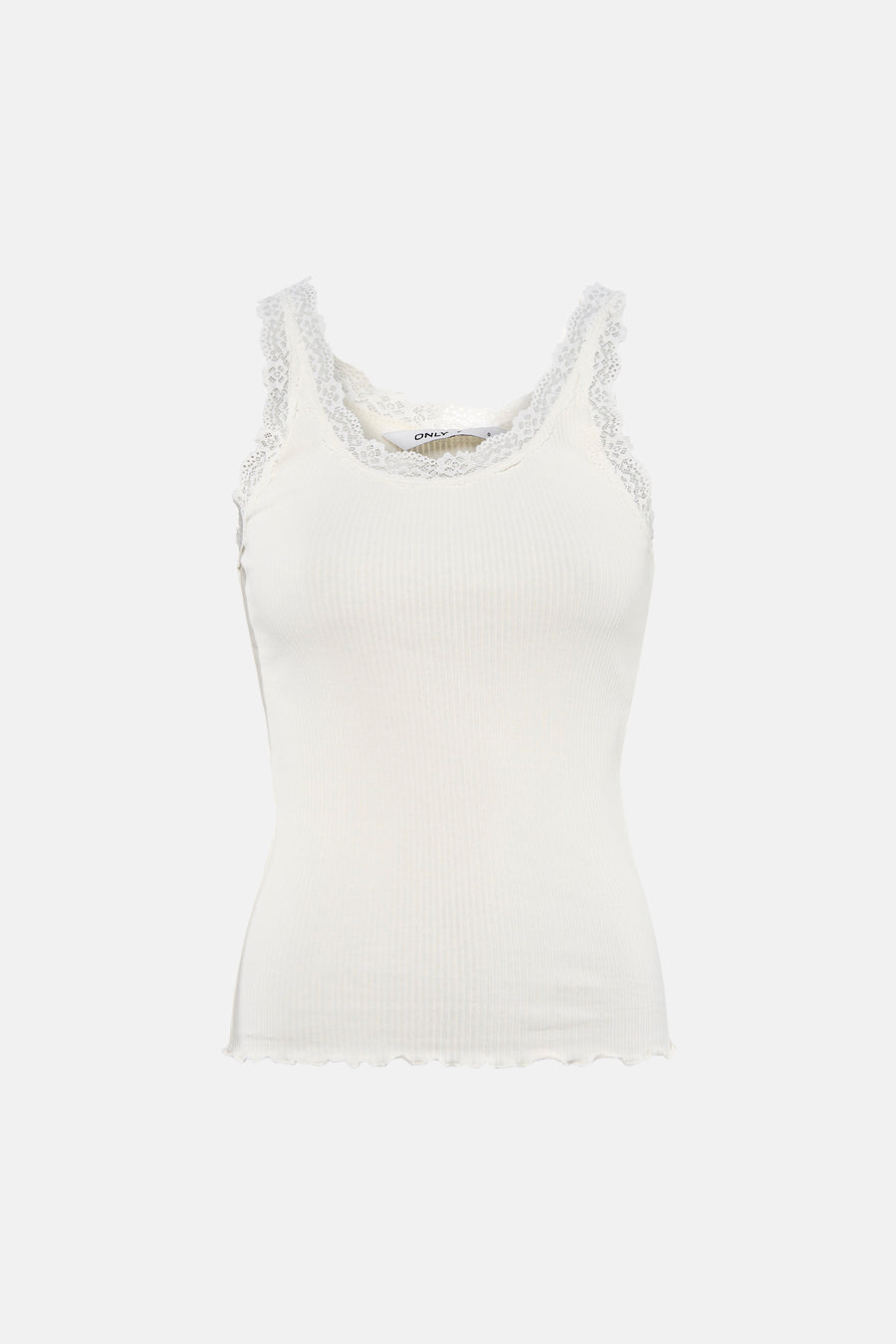 Débardeur blanc côtelé de ONLY® avec bordure en dentelle et ourlet volanté.