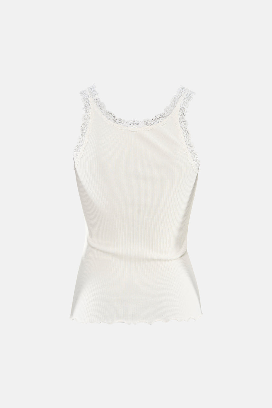 Top blanc sans manches de ONLY® côtelé avec bordure en dentelle et ourlet ondulé.