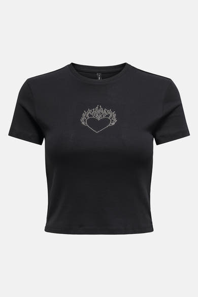 T-shirt noir à manches courtes de ONLY, orné d'un motif cœur scintillant sur le devant.
