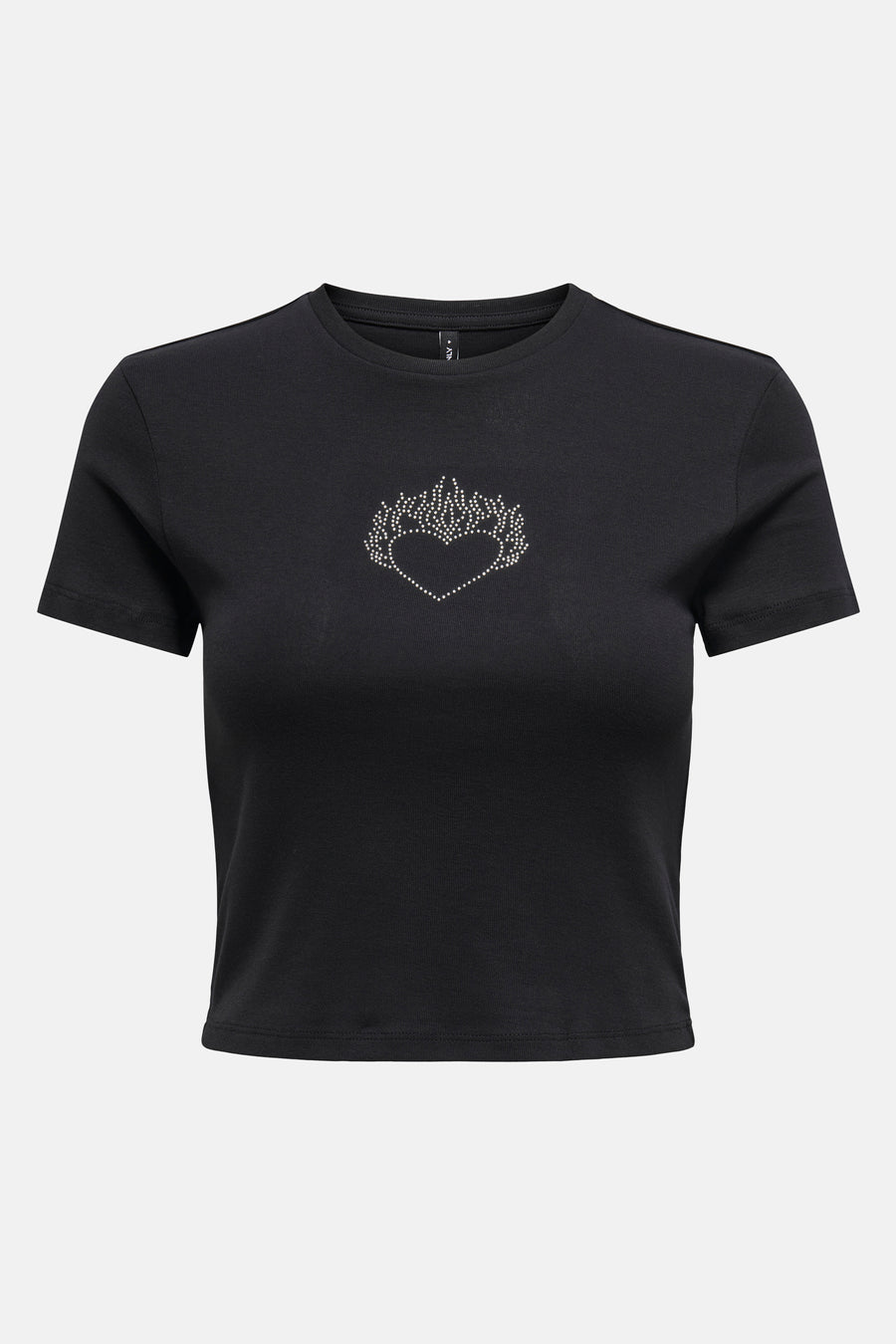 T-shirt noir à manches courtes de ONLY, orné d'un motif cœur scintillant sur le devant.
