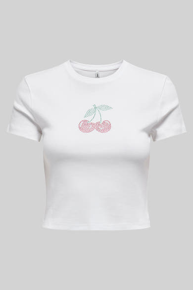 T-shirt blanc à manches courtes de ONLY, orné d'un motif cerise en strass.
