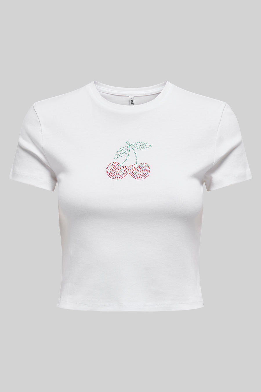 T-shirt blanc à manches courtes de ONLY, orné d'un motif cerise en strass.