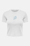 T-shirt blanc de ONLY® à col rond, manches courtes et coupe courte, avec un motif coquillage en strass bleus.