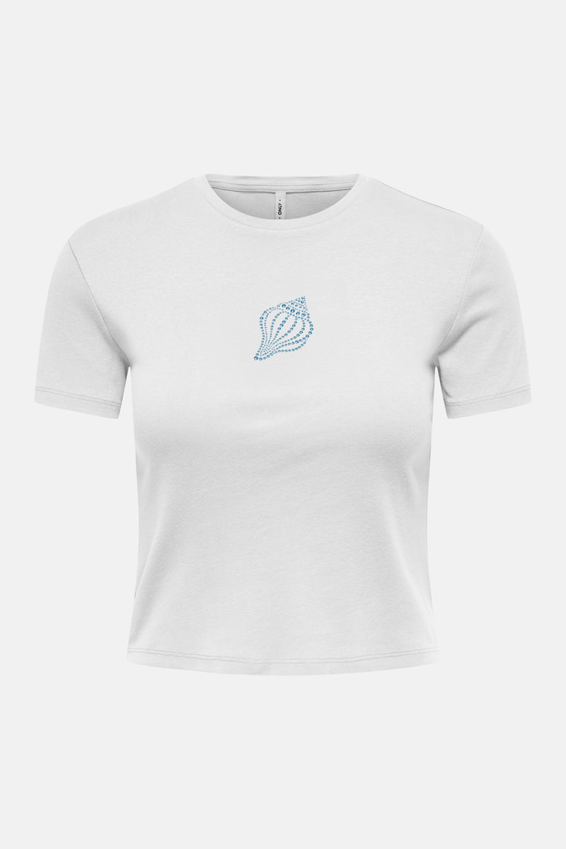 T-shirt blanc de ONLY® à col rond, manches courtes et coupe courte, avec un motif coquillage en strass bleus.