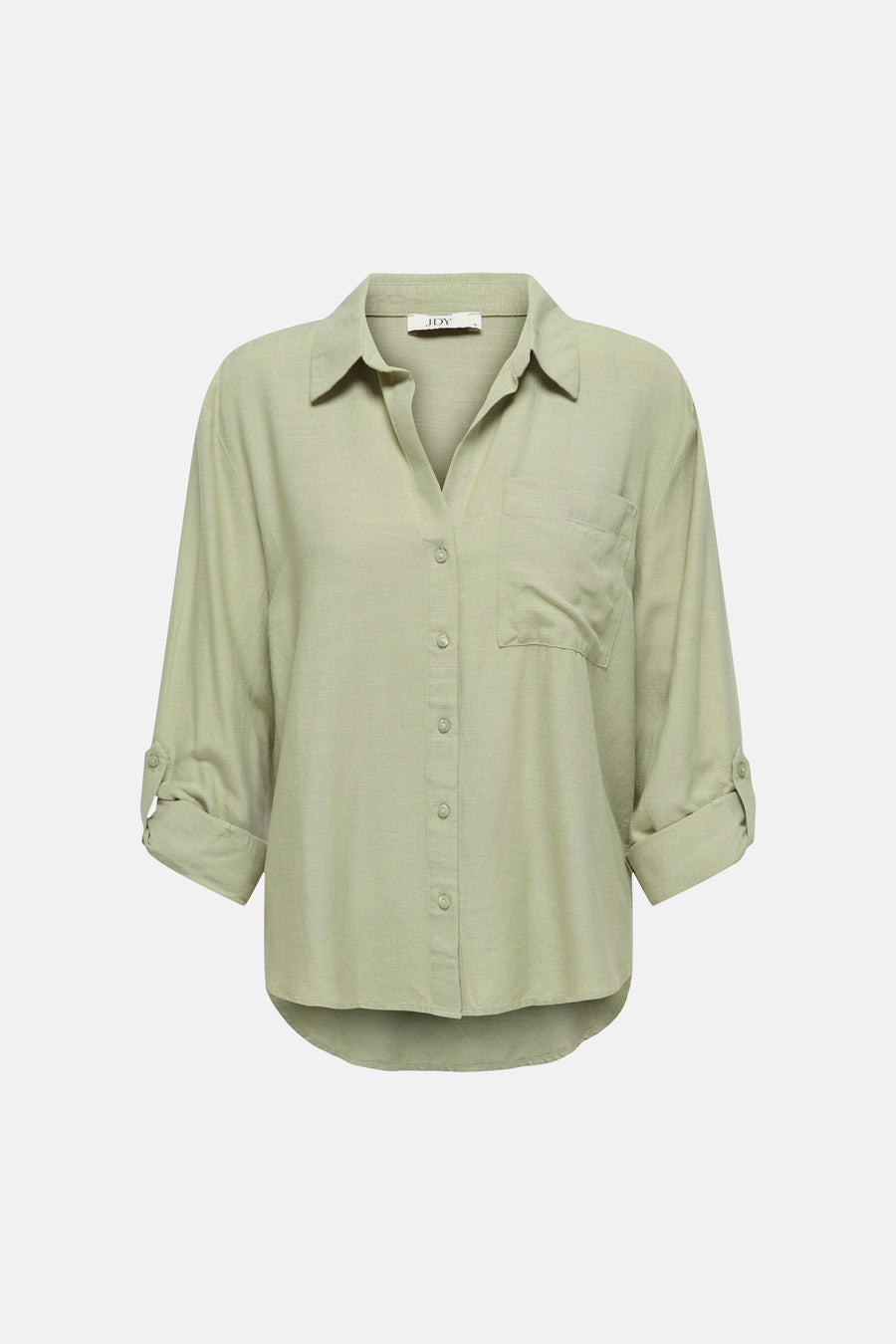 Chemise verte texturée de JDY avec col, boutonnage, manches 3/4 retroussées et poche poitrine.