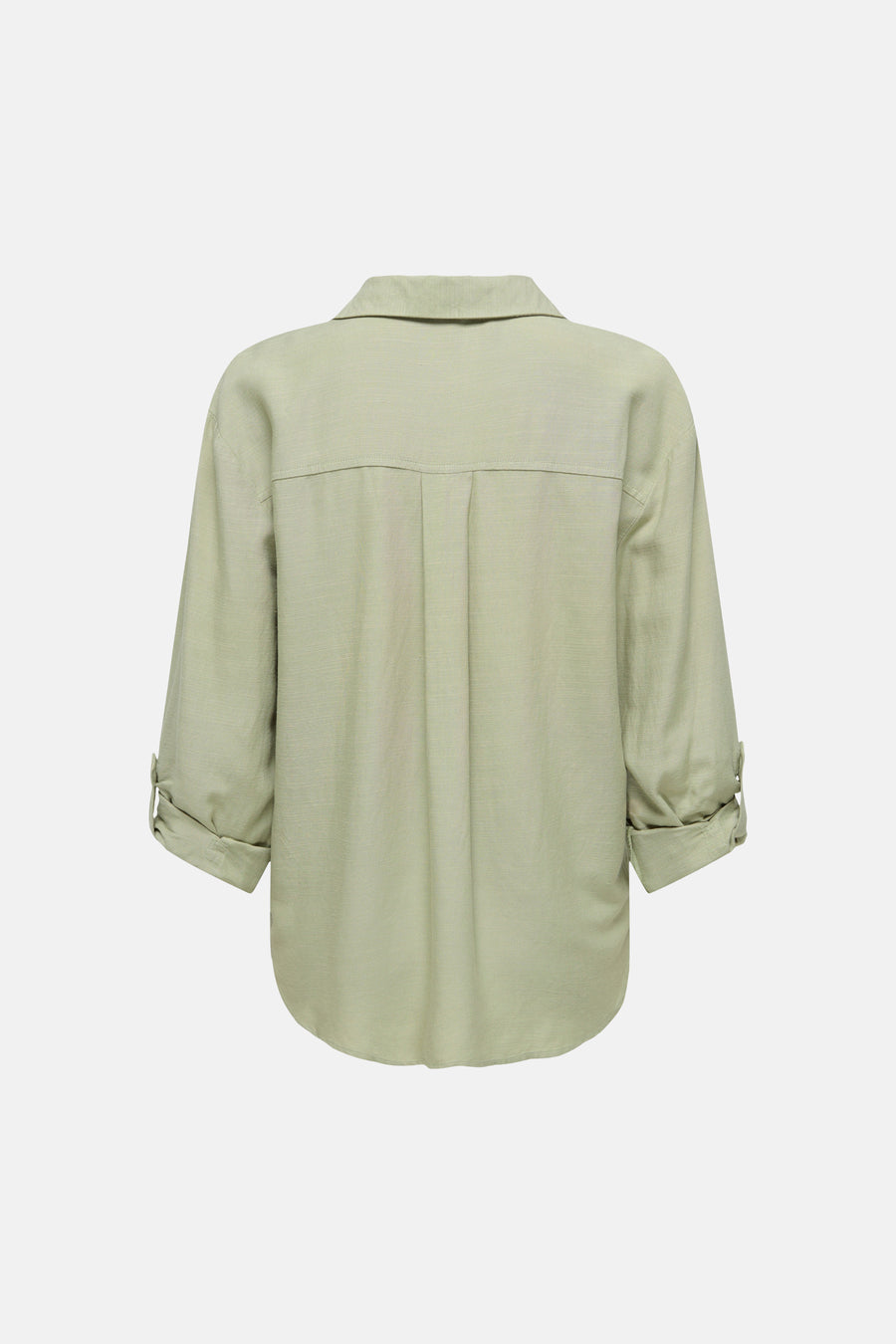 Chemise verte de JDY, vue de dos avec manches retroussées, plis et ourlet arrondi.