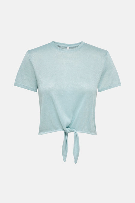 Blauw T-shirt met korte mouwen van ONLY, met een decoratieve strik aan de onderkant.