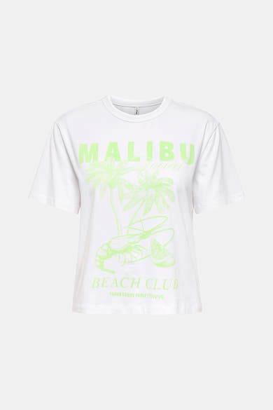 Wit T-shirt met korte mouwen van ONLY met Malibu-print, palmboom, garnaal en limoenschijfje.
