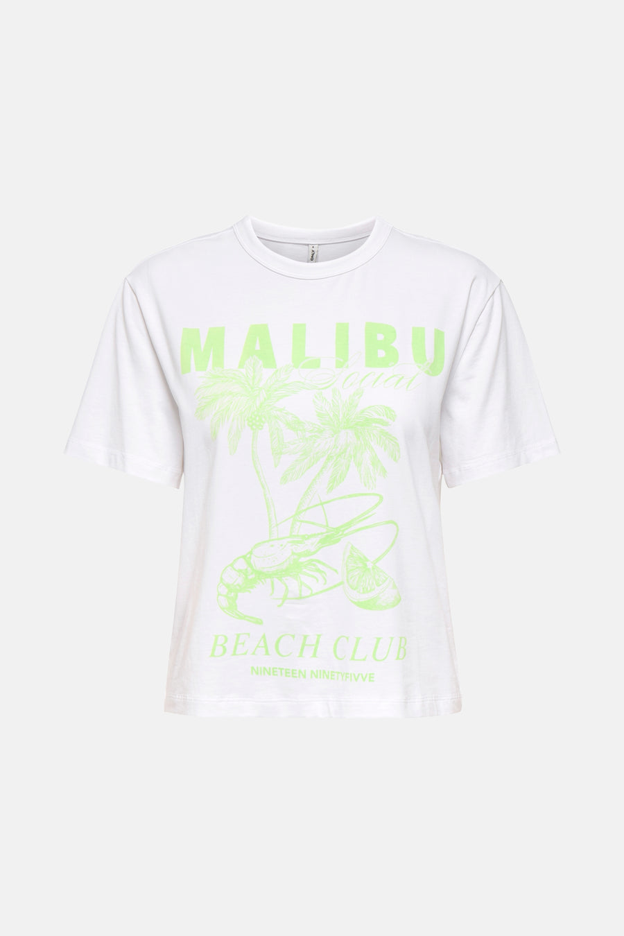Wit T-shirt met korte mouwen van ONLY met Malibu-print, palmboom, garnaal en limoenschijfje.