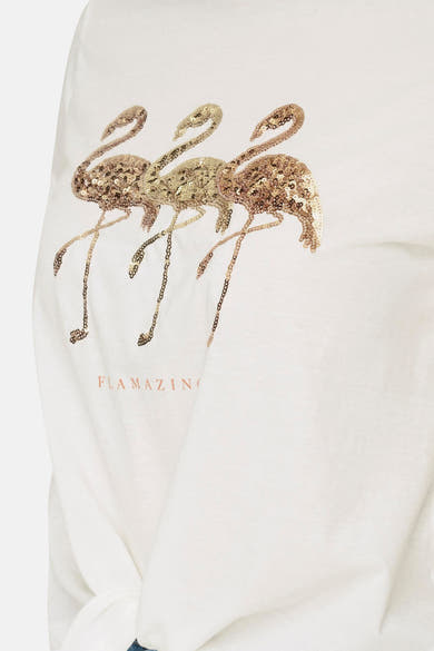 Wit T-shirt met korte mouwen van ONLY, met pailletten flamingo-motief en opschrift.